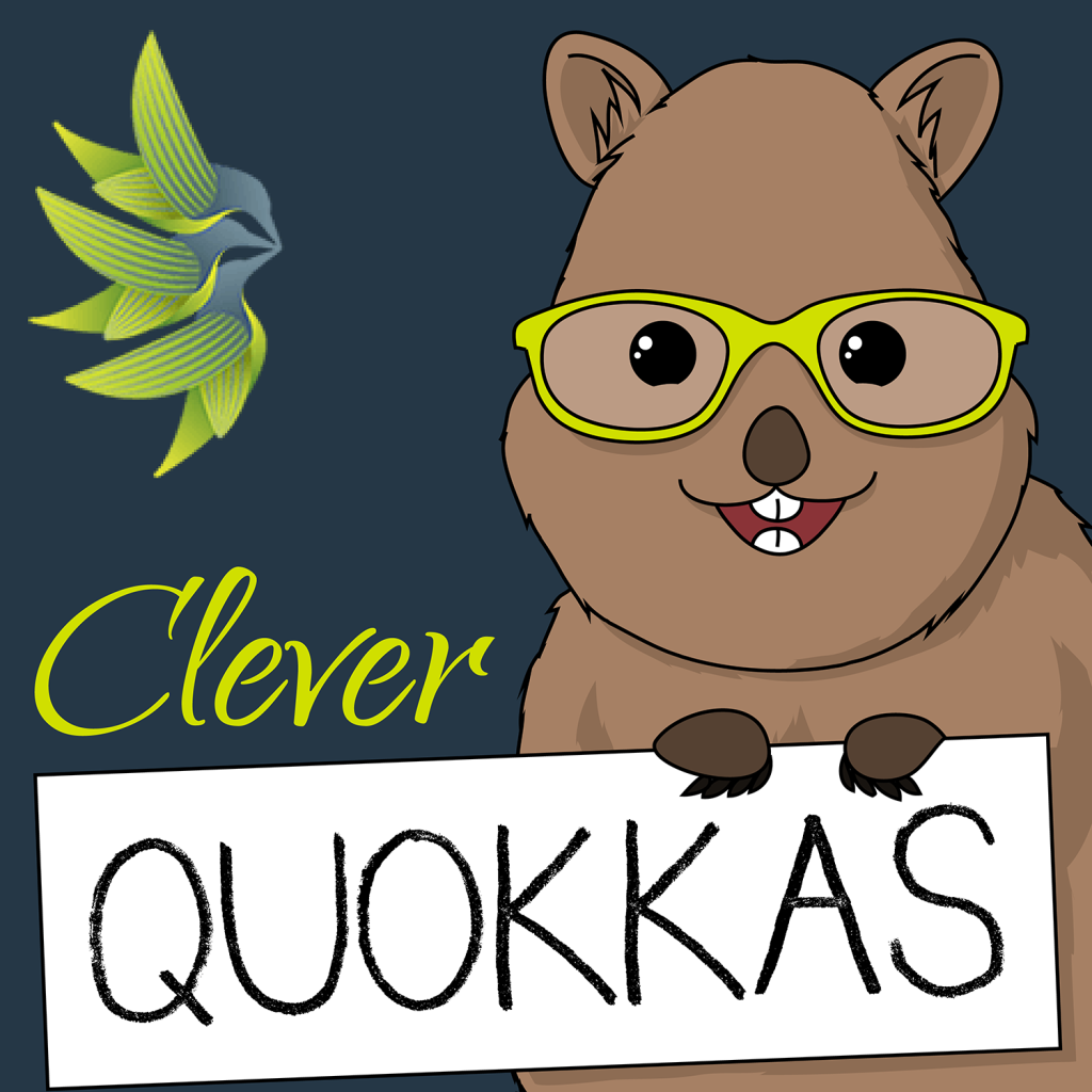 A cartoon drawing of a quokka wearing yellow glasses, smiling at the viewer and holding a sign. Text reads: 'Clever Quokkas'. A yellow and teal logo is in the top left corner, for Forrest Research Foundation, and the background is dark teal