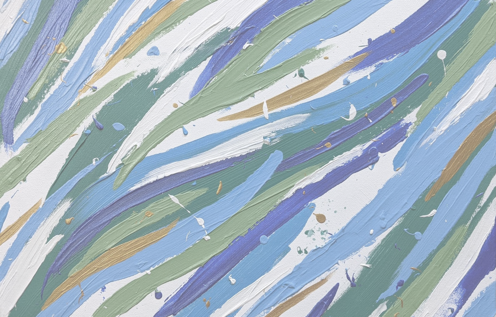 Waving paint strokes in blues, greens, gold, and white with flecks of paint across them