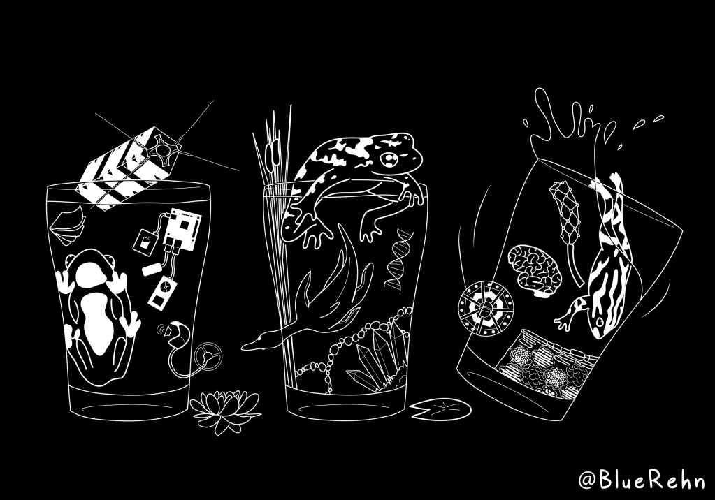 A digital illustration showing white lineart on a black background, depicting three pint glasses filled with various objects and each containing a frog