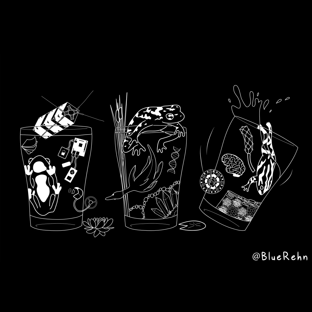 A digital illustration showing white lineart on a black background, depicting three pint glasses filled with various objects and each containing a frog