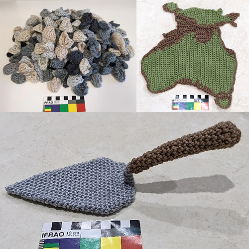 Three photographs of crocheted archaeological objects. The upper left is a shell mound, upper right is Australia, New Guinea, and their shared continental shelf forming the continent of Sahul, and below is a trowel