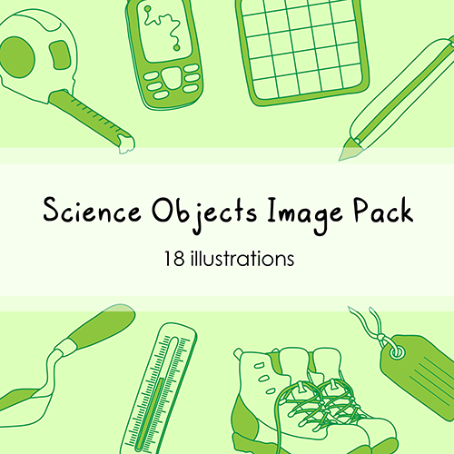 A digital illustration with a central banner that reads "Science Objects Image Pack, 18 illustrations" surrounded by objects in green tones including a measuring tape, GPS unit, quadrat frame, D-section corer, trowel, thermometer, hiking boots, and a specimen tag
