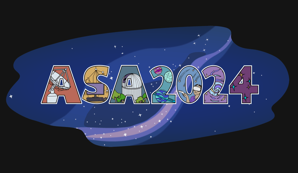 A digital logo made up of block letters containing illustrations in front of a starry Milky Way background. The letters spell "ASA2024" and contain a variety of astronomy-themed graphics including a radiotelescope, observatory, planets, and a galaxy
